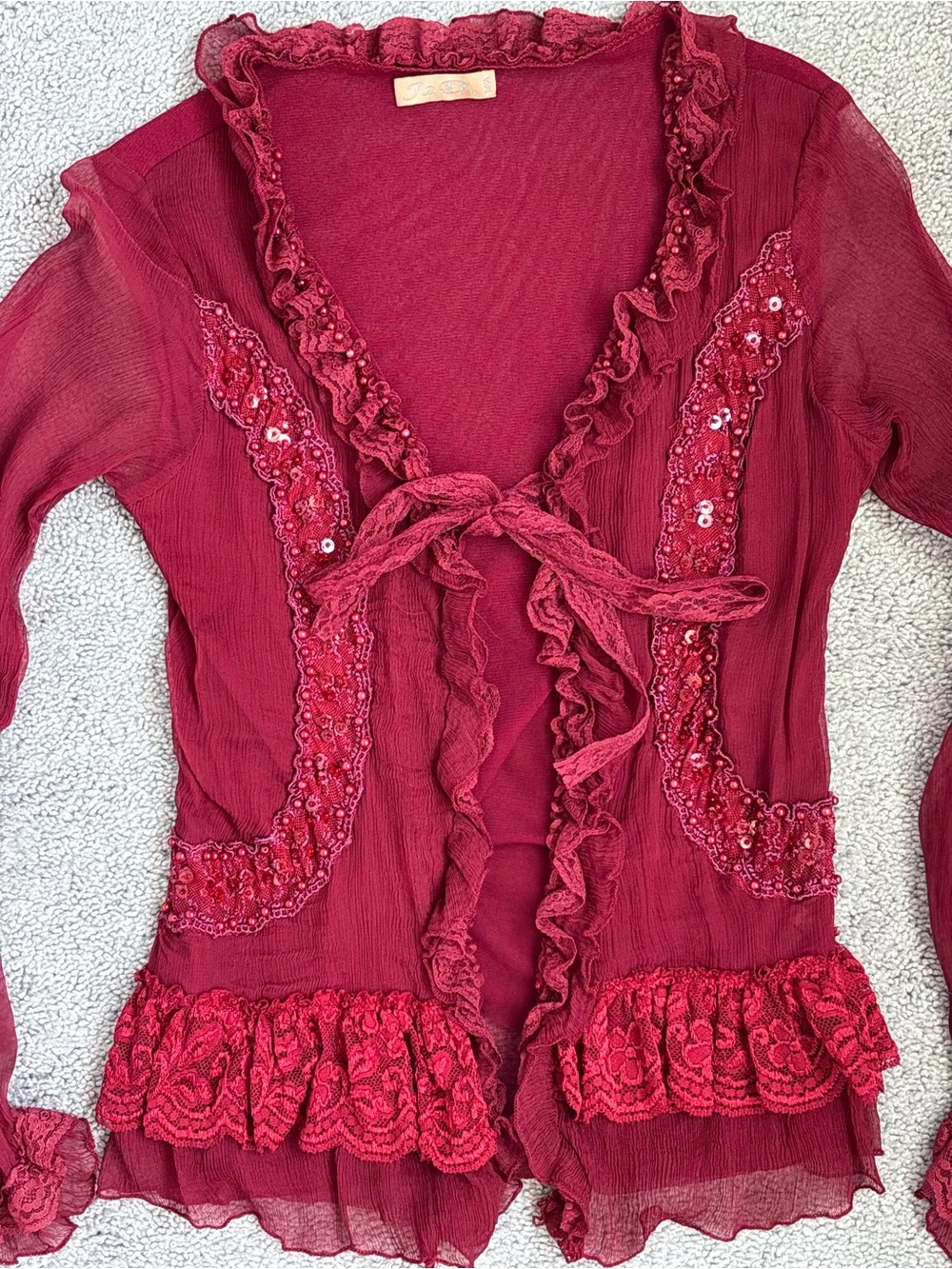Vintage J2D 75% Silk Burgundy Beaded Ruffle Tie Front Blouse Fairycore Y2K S - Picture 9 of 11